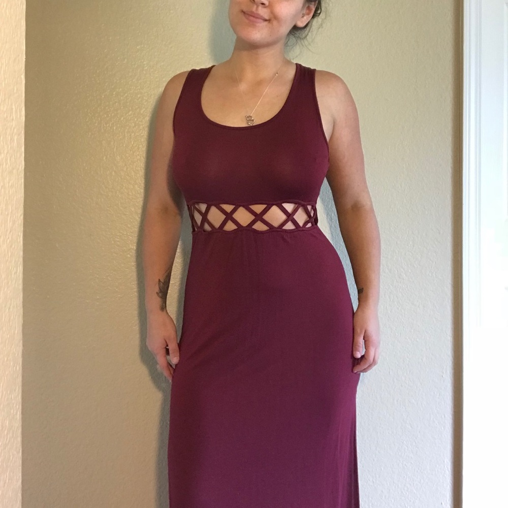 Long red dress with cut outs